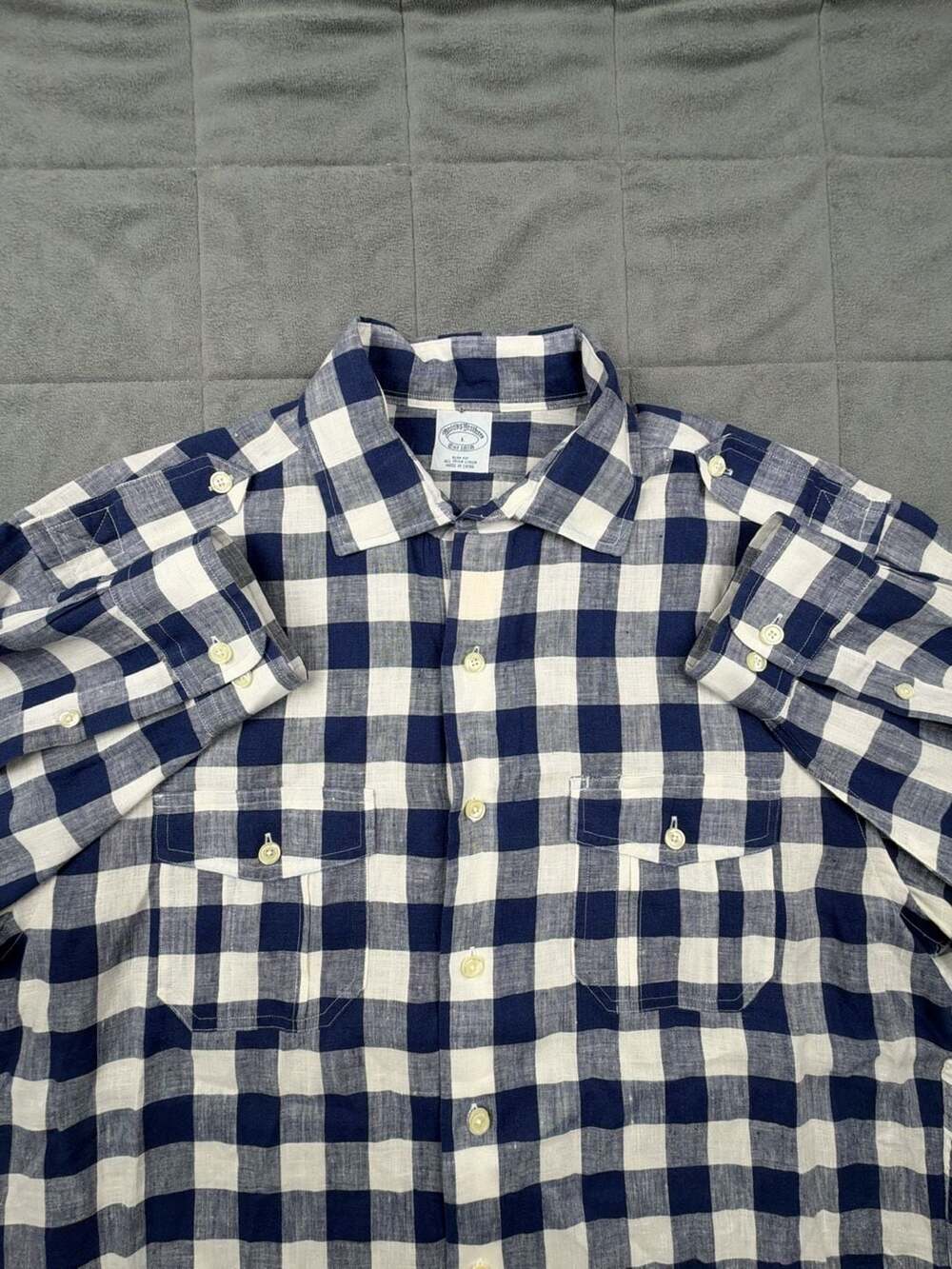 Brooks Brothers Slim Fit Blue and White Gingham Plaid Irish Linen Roll-Tab shirt